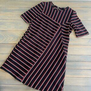 Gabby Skye Asymmetrical Shift Striped Round Neck Dress Multicolor Size 8 (E8)